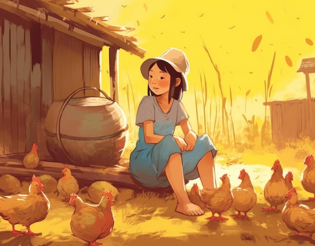 Jong meisje voederen kippen cartoon vlakke afbeelding generatieve ai