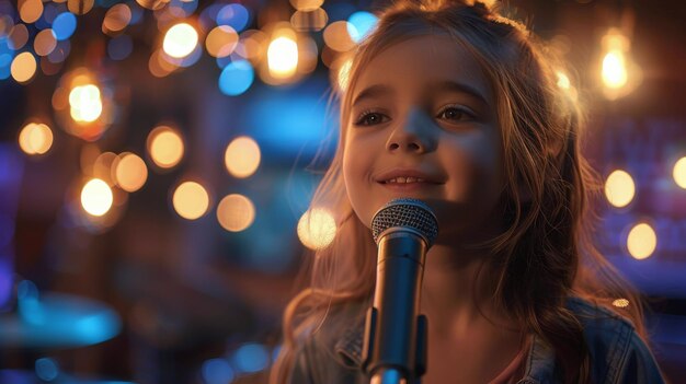 Jong meisje zingt in de microfoon