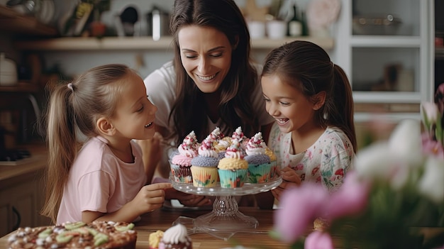 Jong meisje zit aan tafel met cupcakes Moederdag