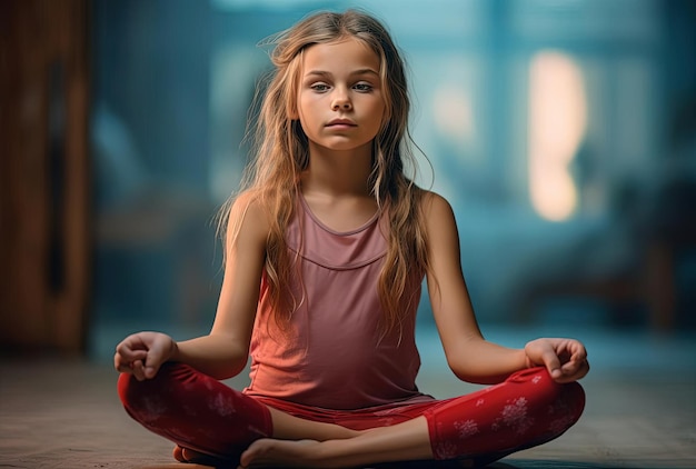 Foto jong meisje zit in yoga poseren in de stijl van lichtrood en azuurblauw