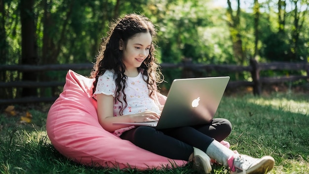 Jong meisje zit op een bonenzak met een laptop