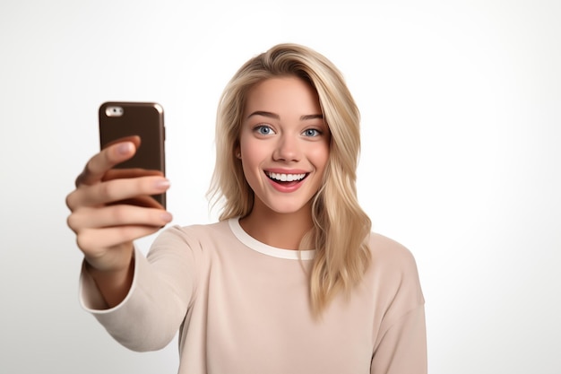 Foto jong mooi blond meisje op een geïsoleerde witte achtergrond met een mobiele telefoon