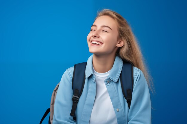 Jong mooi blond meisje over een geïsoleerde kleurrijke achtergrond met een student rugzak