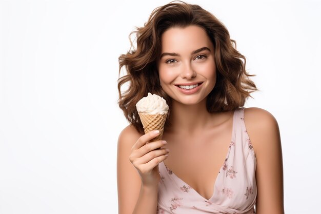 Jong mooi brunette meisje op een geïsoleerde witte achtergrond met een cornet ijs