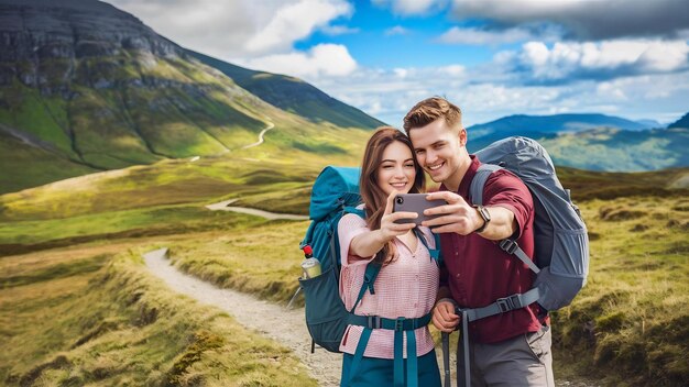 Jong mooi echtpaar met wandelsakjes maakt een selfie tijdens de trekking