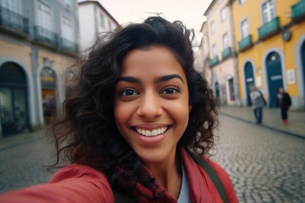 Jong, mooi, glimlachend, gelukkig meisje dat een selfie maakt.