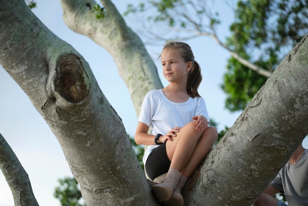 Jong mooi kindmeisje zit ontspannen tussen grote takken van oude boom op zonnige zomerdag