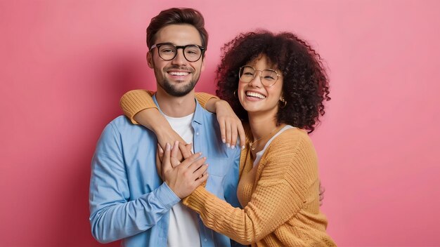 Foto jong mooi koppel gelukkig man en vrouw in casual kleding met een bril gelukkig verliefd samen