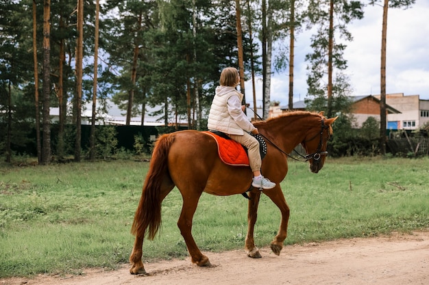 Jong mooi meisje berijdt zijn paard naar de landwegen in de herfst