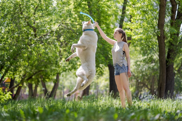 Jong mooi meisje dat aan haar hond in een park bij zonsondergang werpt