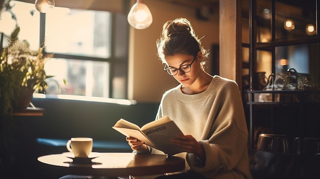 Jong mooi meisje dat een boek leest in de koffie.