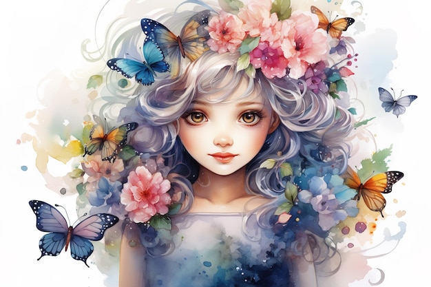 Jong mooi meisje in bloemen en vlinders Kapsel op blond haar Leuke fee Waterverf