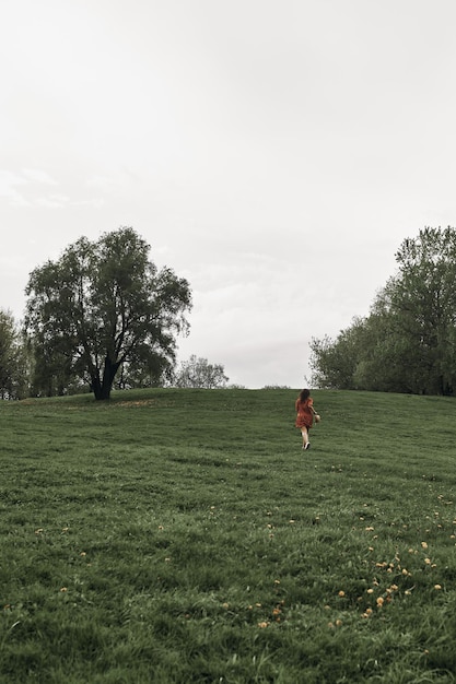 Foto jong mooi meisje met plezier in het park op het gras en de weide van paardebloemen. zomer achtergrond