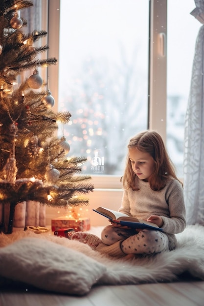 Jong mooi meisje met rode kerststrik in witte winterjurk en lange sokken standi Generatieve AI