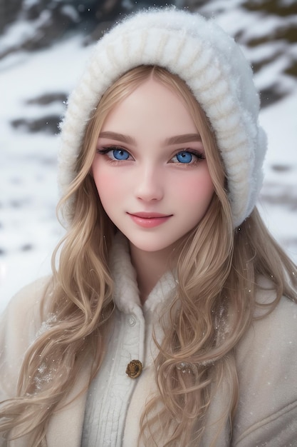Jong mooi meisje sneeuwachtige achtergrond in de winter vriendin prachtige gezichtskenmerken behang