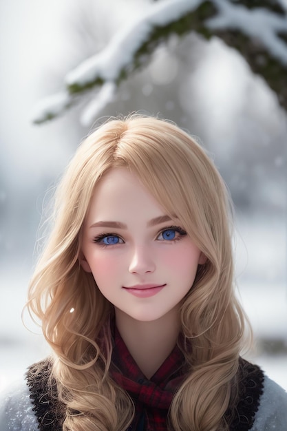 Jong mooi meisje sneeuwachtige achtergrond in de winter vriendin prachtige gezichtskenmerken behang