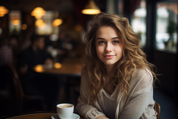 Jong mooi meisje zit aan tafel in een trendy cafetaria, drinkt warme, verse koffie, generatieve AI-technologie.