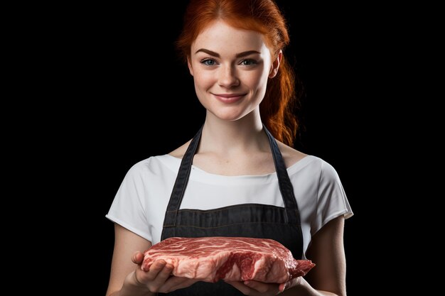 Jong mooi roodharig meisje op een geïsoleerde zwarte achtergrond in slagerkleding die vers gesneden vlees serveert