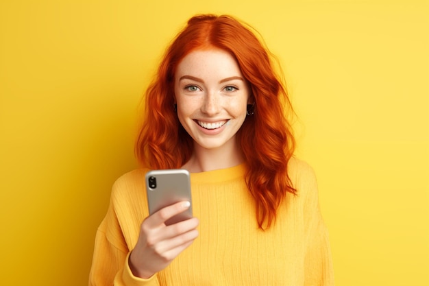 Jong mooi roodharig meisje op een kleurrijke achtergrond met een mobiele telefoon