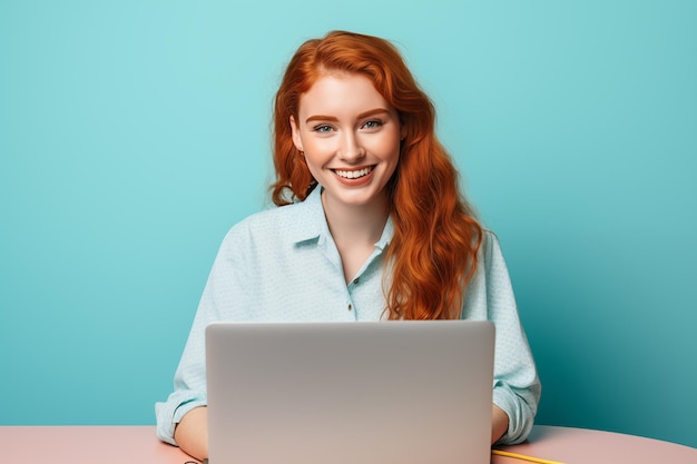 Jong mooi roodharig meisje op een kleurrijke achtergrond werkt met een laptop
