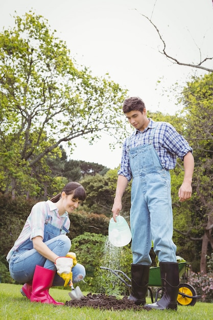 Jong paar dat een jong boompje in tuin water geeft