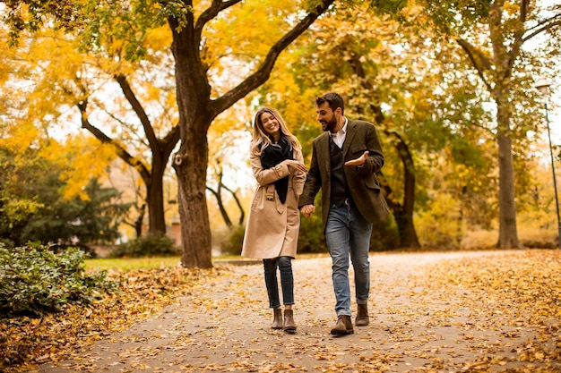 Jong paar dat in het de herfstpark loopt