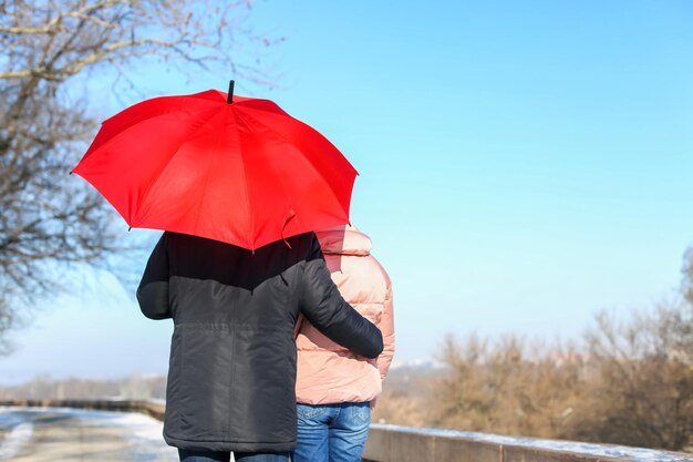 Jong romantisch koppel met heldere paraplu wandelen op zonnige winterdag