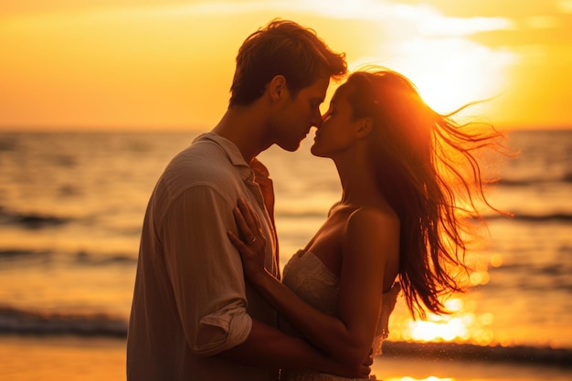 Jong romantisch koppel verliefd op de achtergrond van zonsondergang op het strand