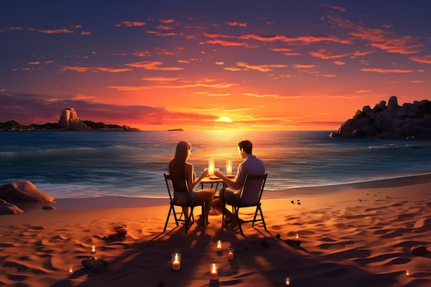 Jong romantisch stel zit op het zand en drinkt wijn.