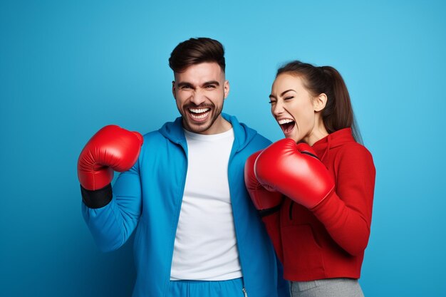 Jong sportpaar vrouw met bokshandschoenen omhelst haar vriend met bokshanschoenen gelukkig