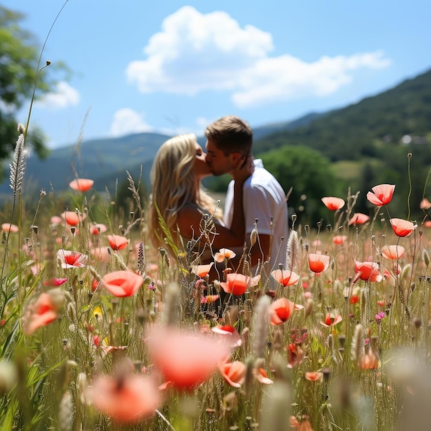 Foto jong stel deelt een kus in een veld met klaprozen