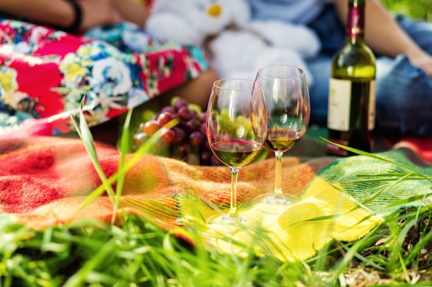 Jong stel op een picknick in de zomer met een fles wijn en fruit