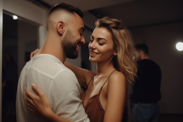 Jong stel op hun eerste date om te dansen en te bewegen op de muziek gemaakt met generatieve AI