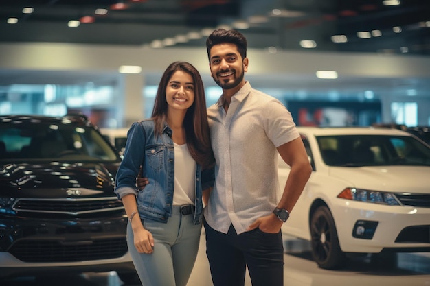 Jong stel staat samen in de autoshowroom