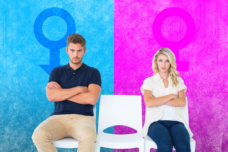 Foto jong stel zittend in stoelen die niet praten tijdens argument tegen roze en blauw