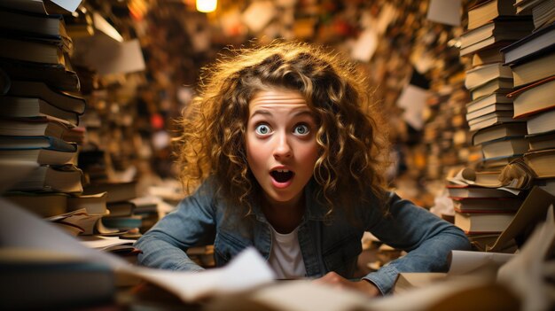 Foto jong student zit verbijsterd en overweldigd te midden van een eindeloze stapel boeken en papieren die hem omringen generatieve ai