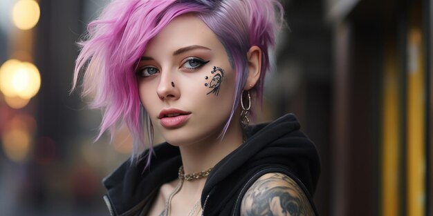 Jong tienermeisje met roze haar en tatoeages generatieve ai