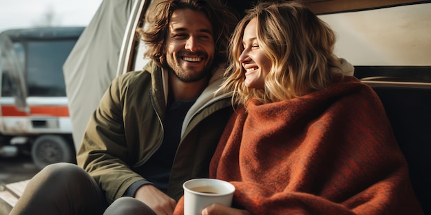 Jong verliefd koppel in een camper Ze praten en drinken ochtendkoffie Reizen als koppel is een excuus om te ontsnappen aan de drukte van de grote stad en alleen te zijn Format foto 21