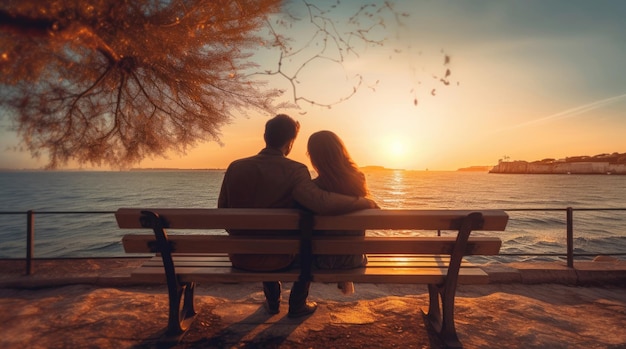 Jong verliefd stel zittend op een bankje tegen de zonsopgang op de zee