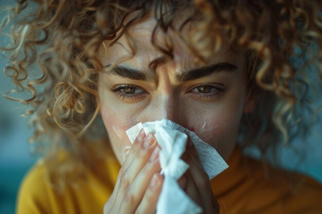 Foto jong voelt zich ongemakkelijk blaast neus in wit weefsel lijdt aan loopende neus verkoudheid symptomen of allergie