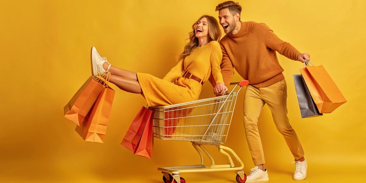 Foto jong vrolijk stel heeft plezier rijden shopping trolley wagen en het houden van winkeltas in het winkelcentrum