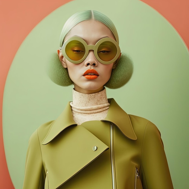 Foto jong vrouwenportret in groene high fashion kleding pastelkleuren generatieve ai
