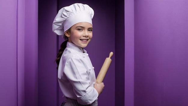 Jong zelfverzekerd blank kok meisje in chef uniform staat zijwaarts en houdt rollende pin geïsoleerd