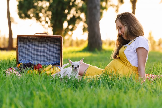 Jong zwanger meisje bij een picknick bij zonsondergang. met chihuahua hond