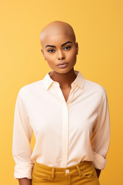Jonge aantrekkelijke Afro-Amerikaanse vrouw met geschoren hoofd op een pastelgele achtergrond
