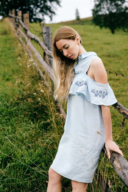 Jonge aantrekkelijke elegante blonde meisje in blauwe jurk poseren in de buurt van hek op het platteland