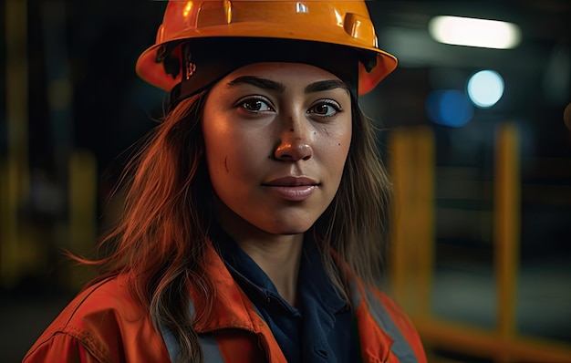 Jonge aantrekkelijke en mondige vrouwelijke ingenieur met oranje veiligheidsvest Generatieve AI