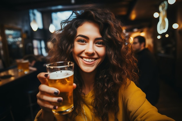 Jonge aantrekkelijke krullende brunette vrouw met een zonnebril met een glas bier in een bar.