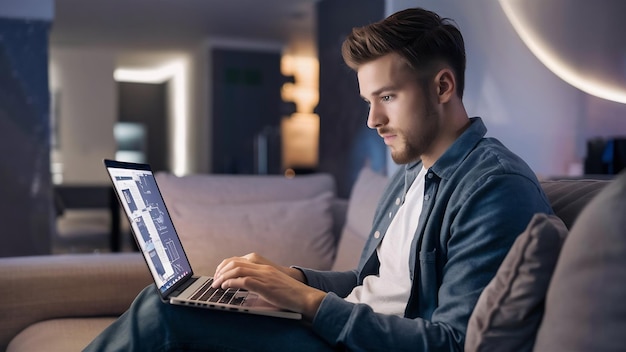 Jonge aantrekkelijke man zit thuis op de bank en werkt online op een laptop met behulp van het internet