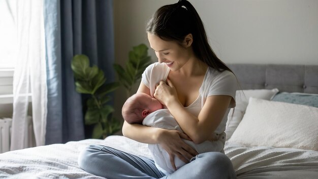 Jonge aantrekkelijke naakte moeder die borstvoeding geeft en haar pasgeboren baby knuffelt en lacht terwijl ze thuis op het bed zit.